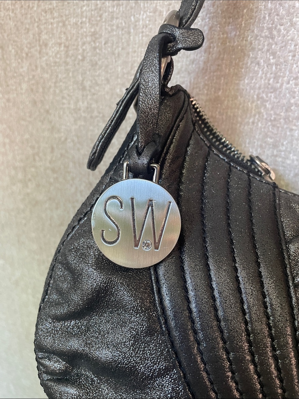 Stuart Weitzman Metallic Black Quilted Shoulder Bag Authentic - Picture 2 of 12